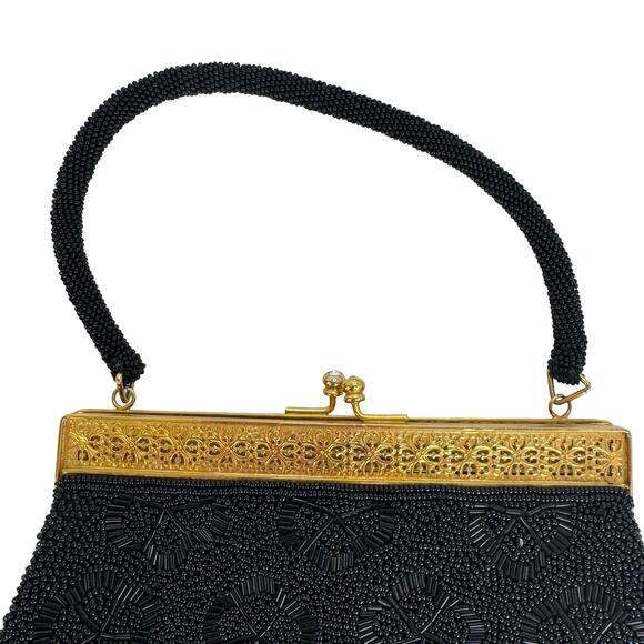 Vintage 1950s Black Beaded Hong Kong Evening Purse Gold Filigree AB Clasp - Picture 13 of 16